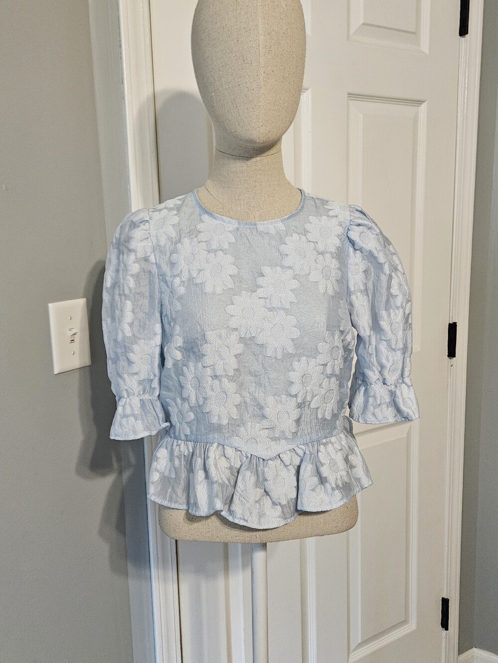 Topshop Light Blue Floral Peplum Puff-Sleeve Blouse